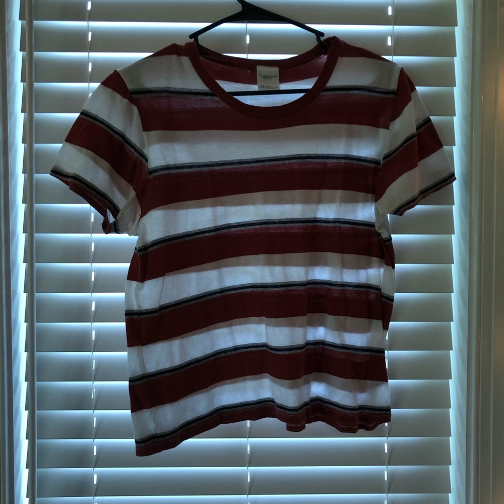 red grey black and white stripped top